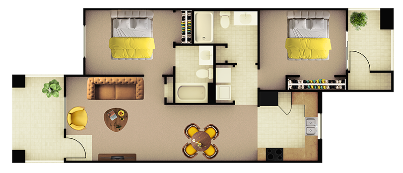 Floor plan for 2 beds, 2 baths, 1165 sqft